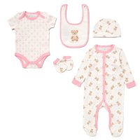 F10707NB: Baby Girls Little Bear 6 Piece Mesh Bag Gift Set (NB-6 Months)